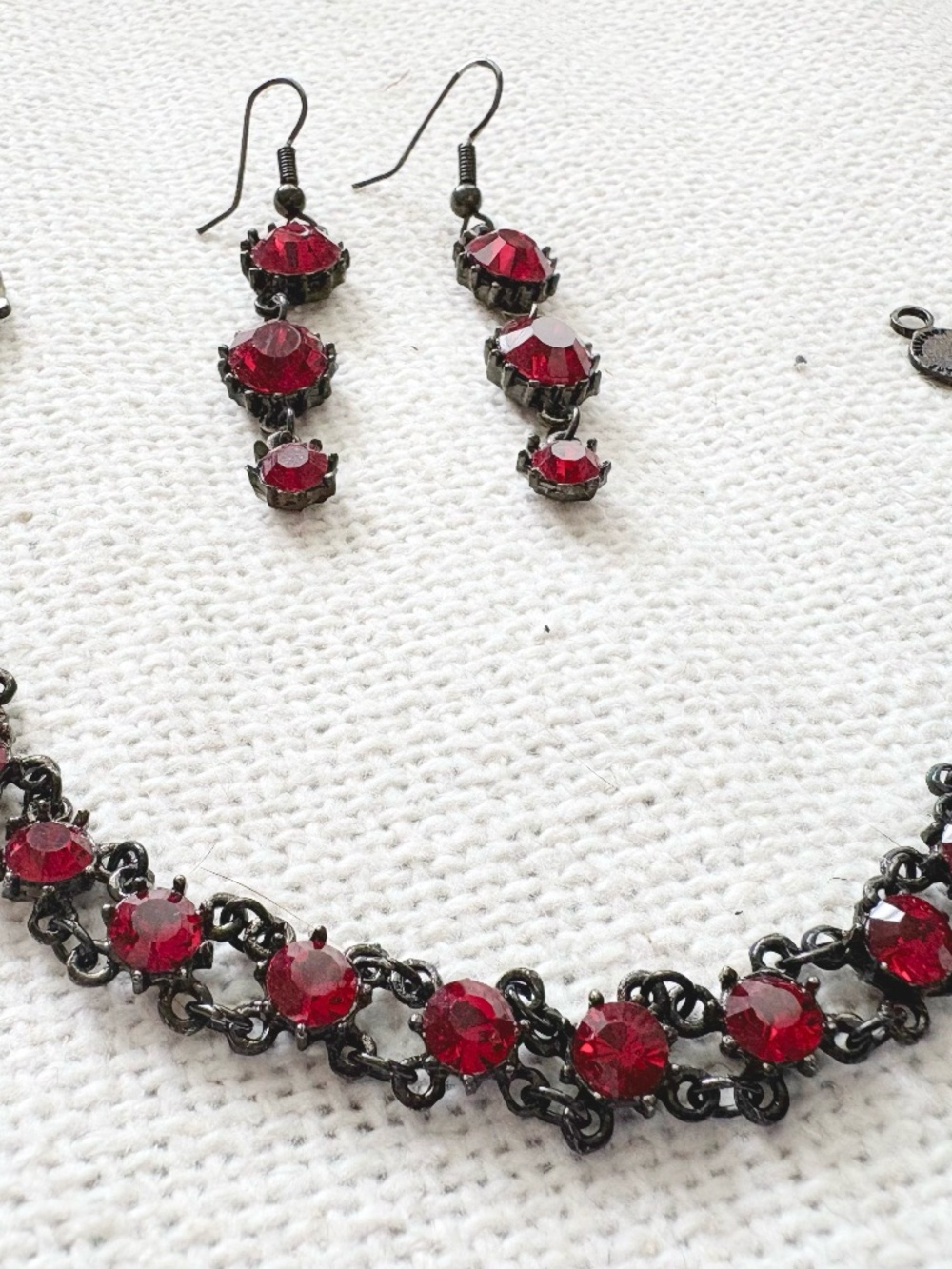 Goth Vintage Bracelet & Earring Set with Red Austrian Crystals